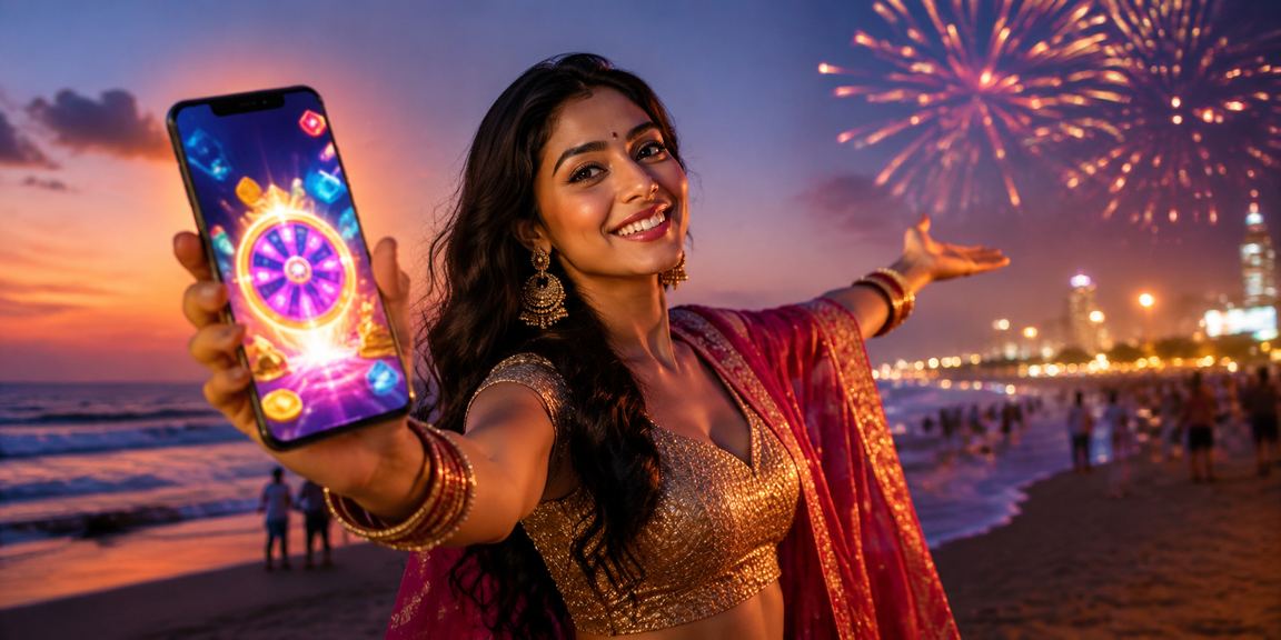 Happy Indian woman registering bonus in casual setting
