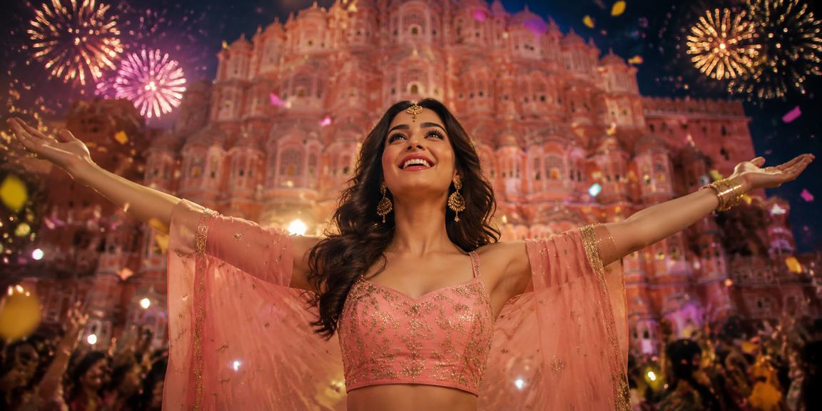 Indian woman enjoying casino entertainment on mobile with cultural backdrop
