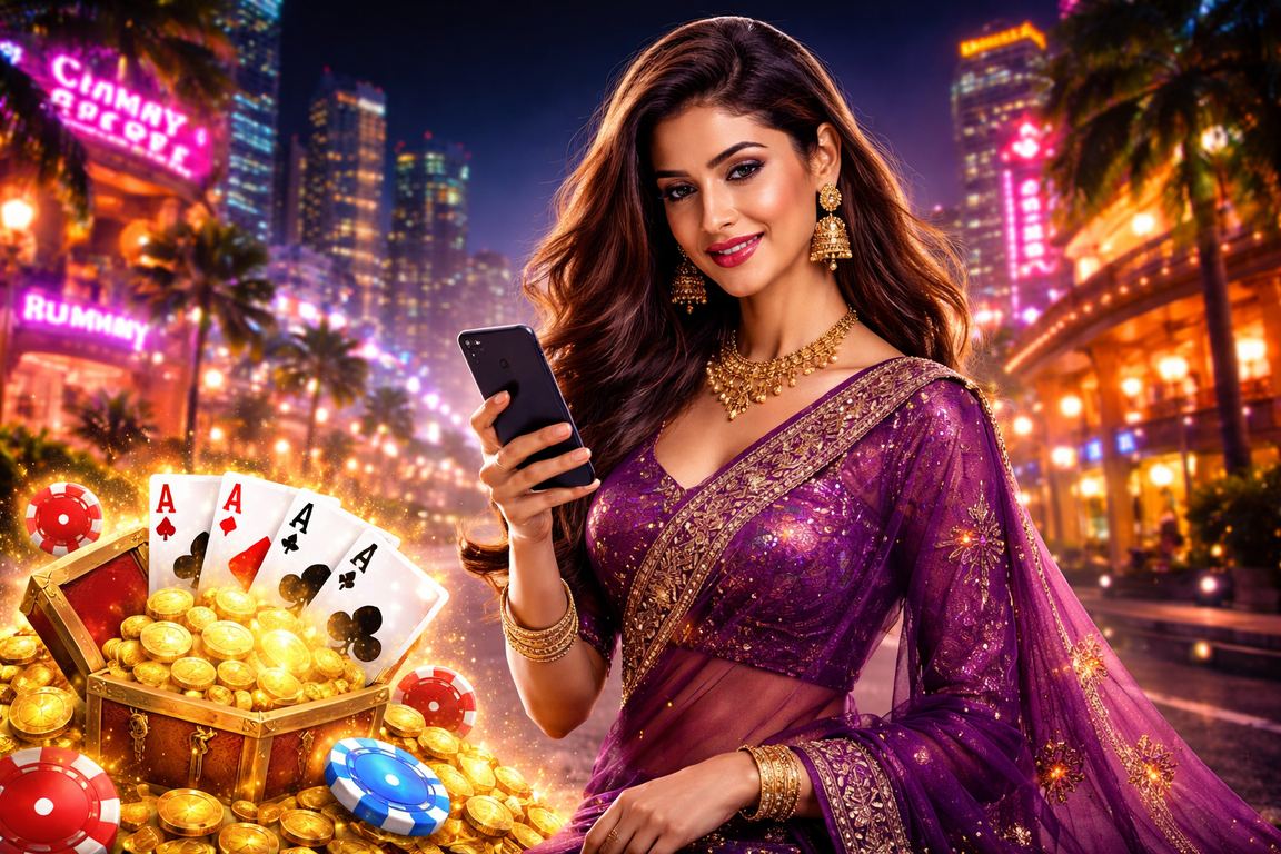 Player enjoying live rummy games in Mumbai with Bollywood theme